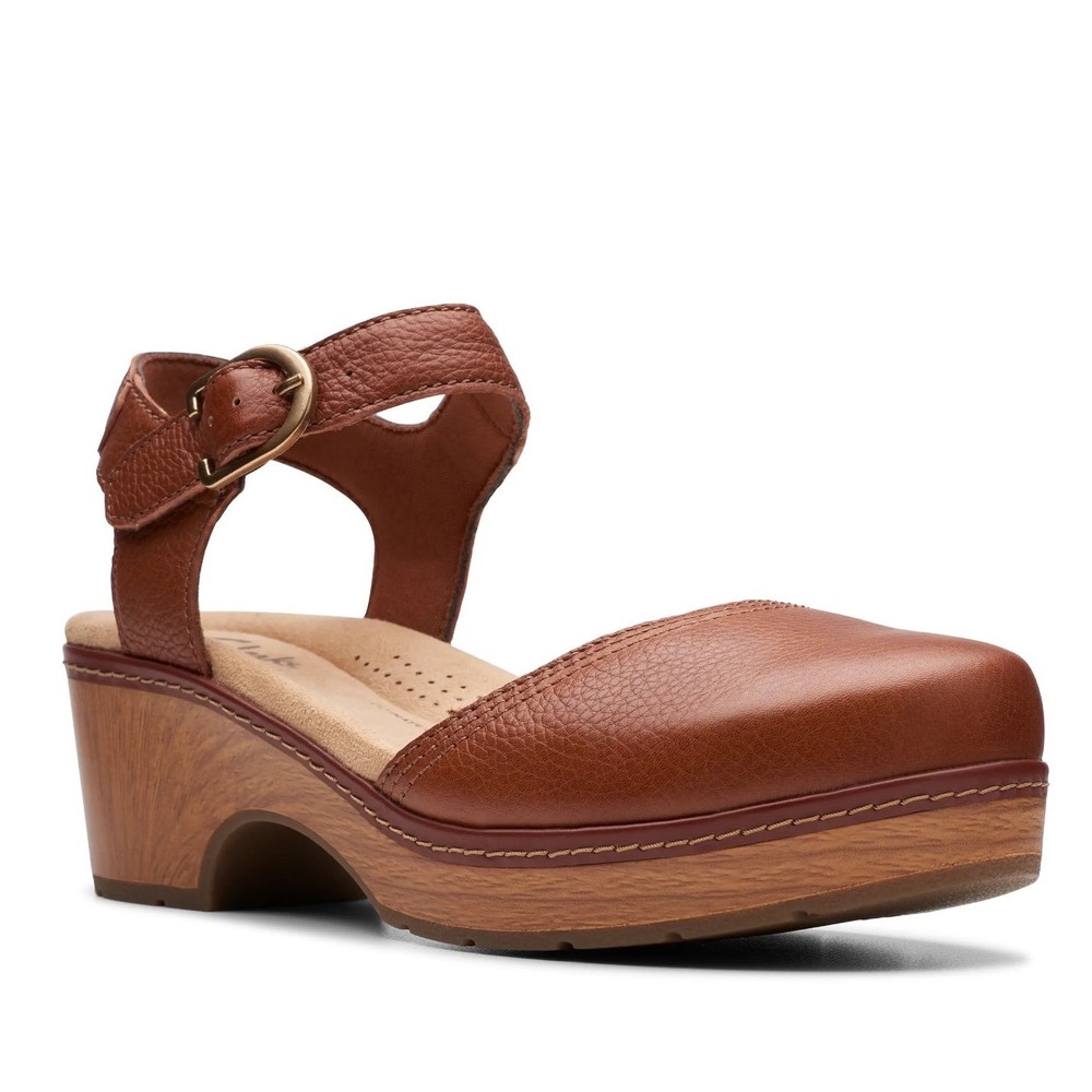Clarks Paizlee Bay Clog Sandal Leather Ankle Strap Brown 7.5 Women Comfort